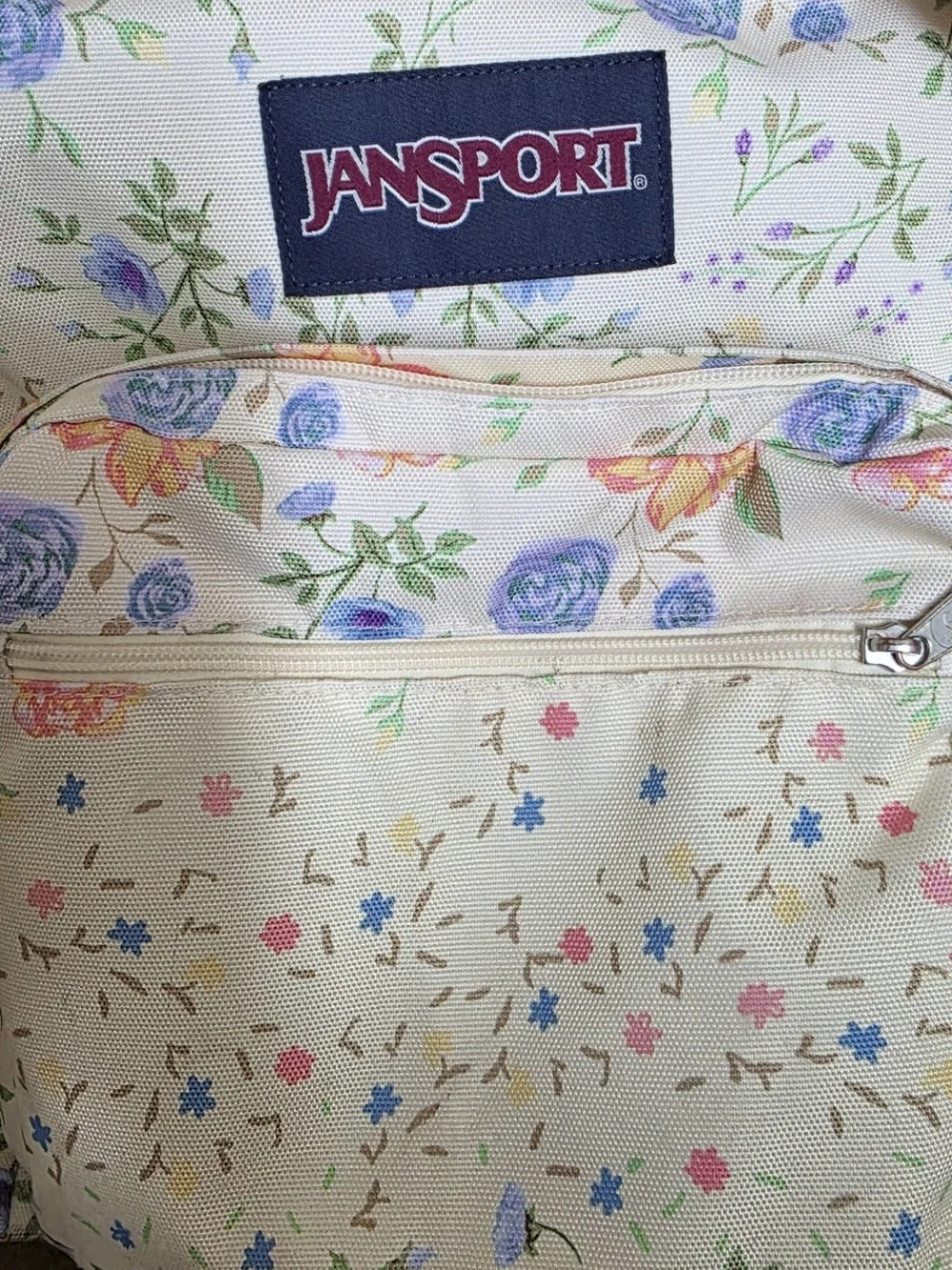 Jansport Cream Floral Print Backpack with Blue & Pink Accents